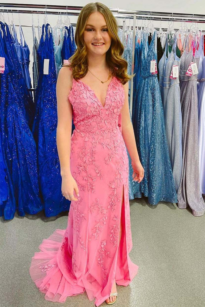 V-Neck Mermaid Sleeveless Lace Appliques Prom Dress with High Slit