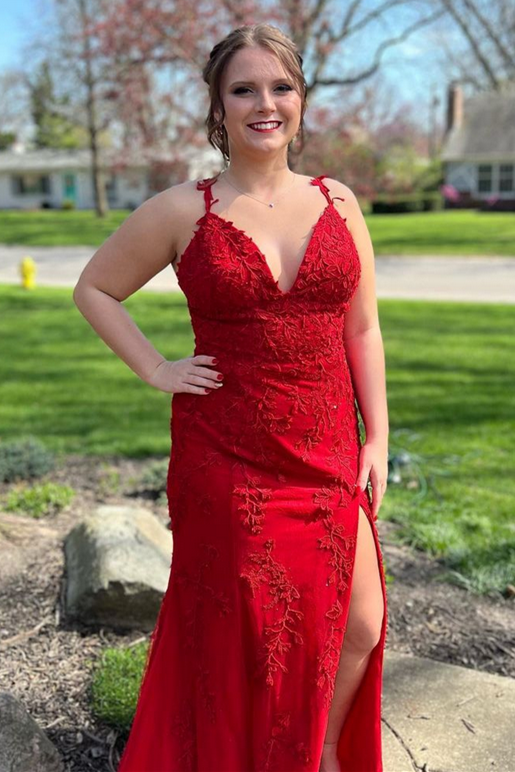 V-Neck Mermaid Sleeveless Lace Appliques Prom Dress with High Slit
