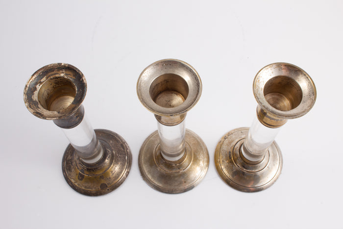 Vintage Acrylic & Silver Plate Candle Sticks found in France | Set of Three