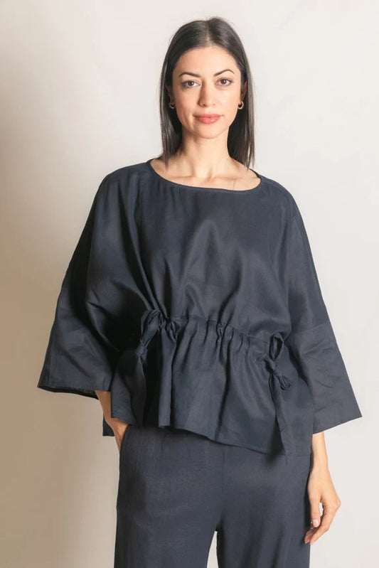 Washed Linen Half Sleeve Waist Tie Top