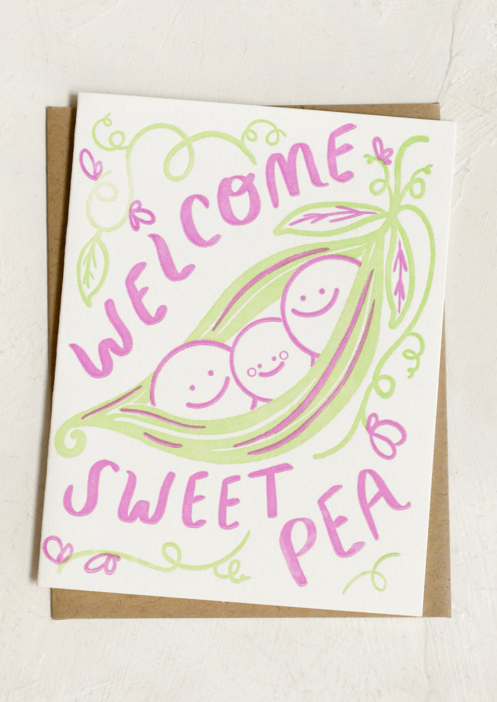 A card with illustration of peas in a pod, text reads "Welcome sweet pea".