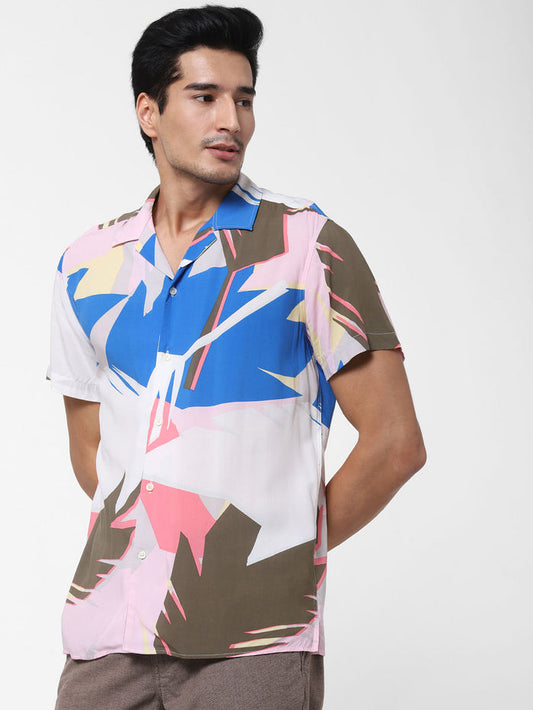 White Abstract Print Short Sleeves Shirt