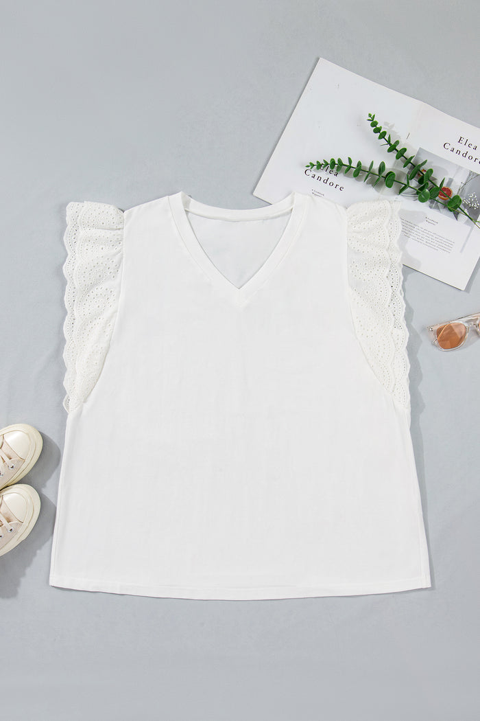 White Eyelet Crochet Splicing Short Sleeve Plus Size Tee