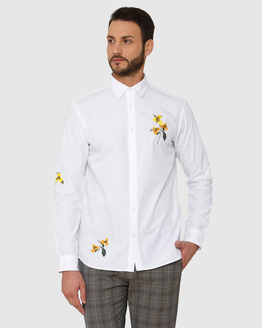 White Floral Embroidered Full Sleeves Shirt