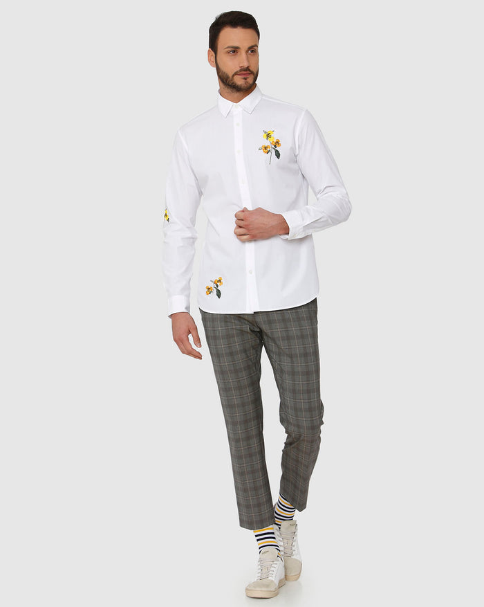 White Floral Embroidered Full Sleeves Shirt