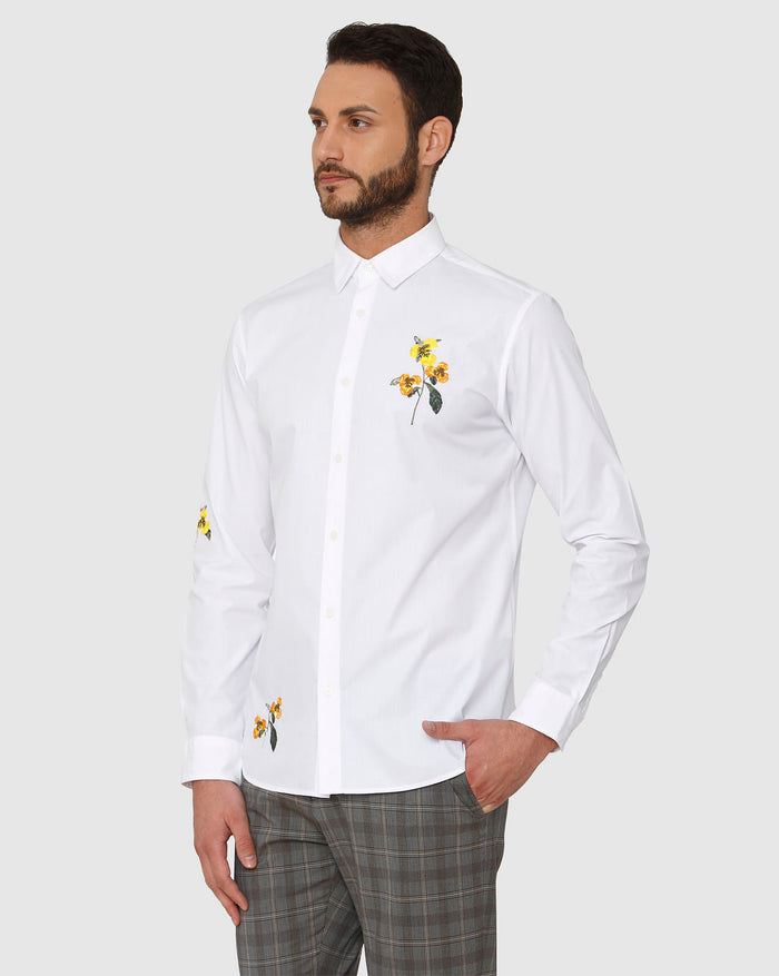 White Floral Embroidered Full Sleeves Shirt
