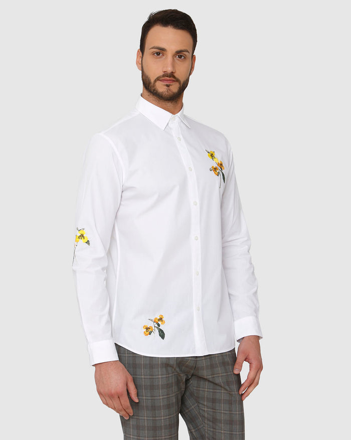 White Floral Embroidered Full Sleeves Shirt