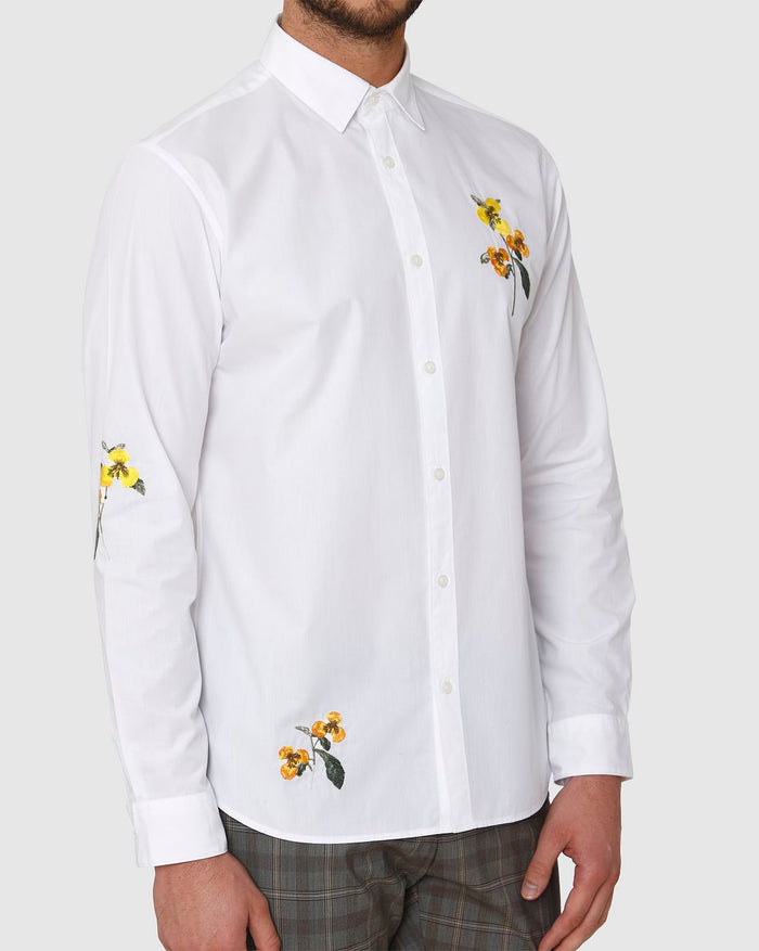 White Floral Embroidered Full Sleeves Shirt