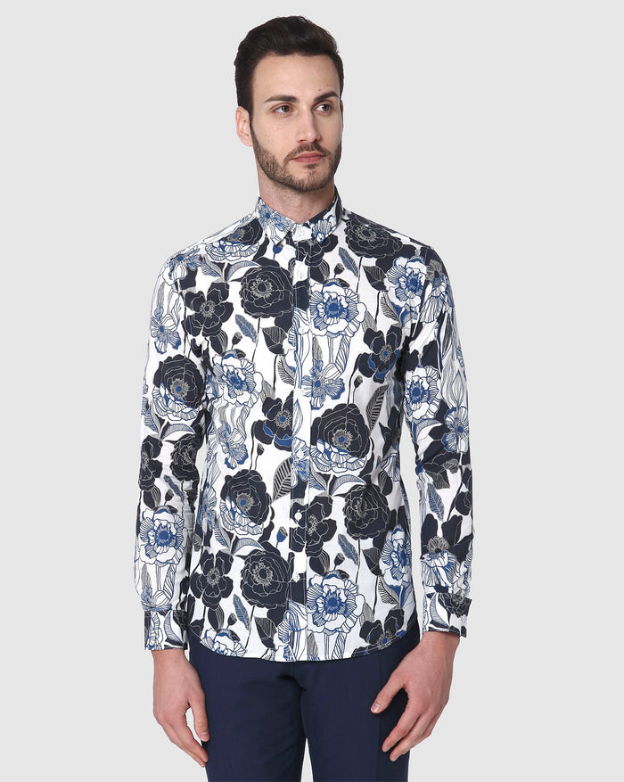 White Floral Print Full Sleeves Shirt