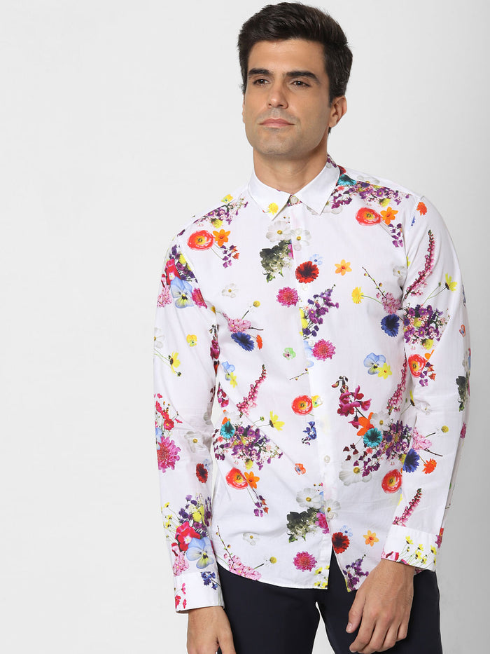 White Floral Print Full Sleeves Shirt