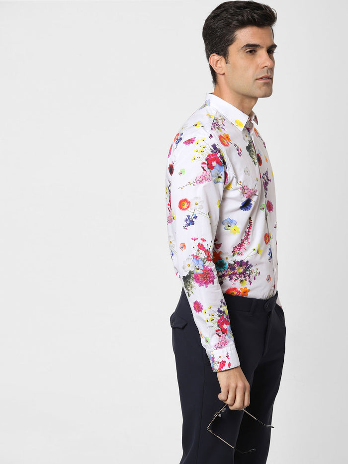 White Floral Print Full Sleeves Shirt
