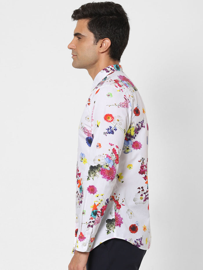White Floral Print Full Sleeves Shirt