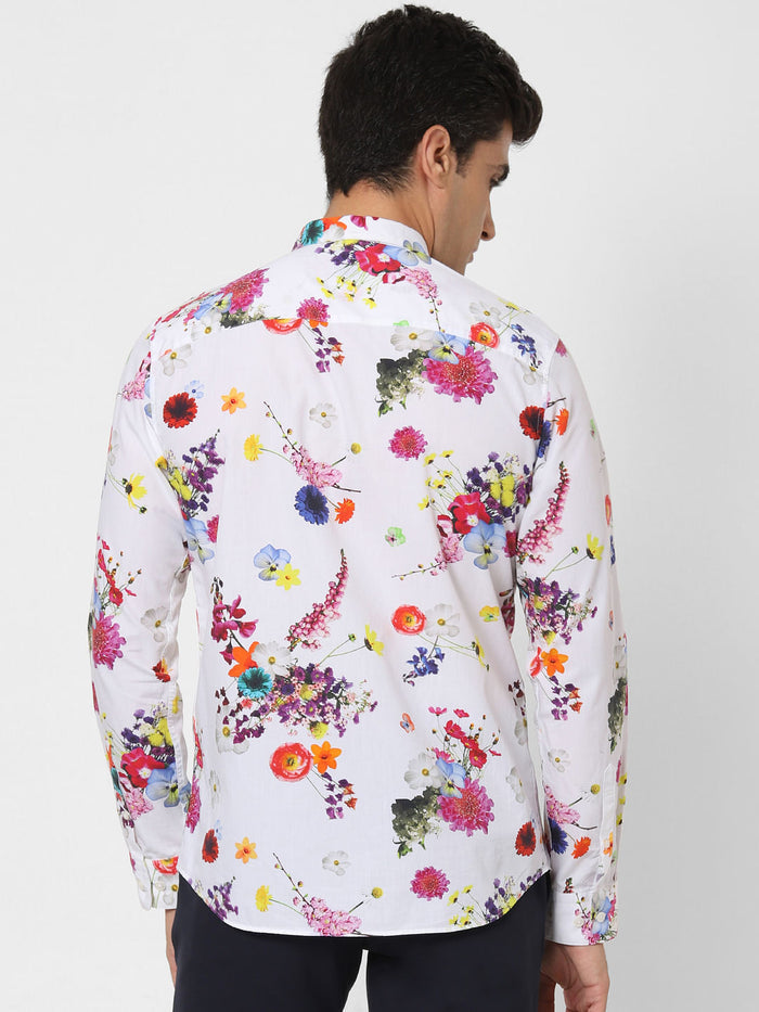 White Floral Print Full Sleeves Shirt