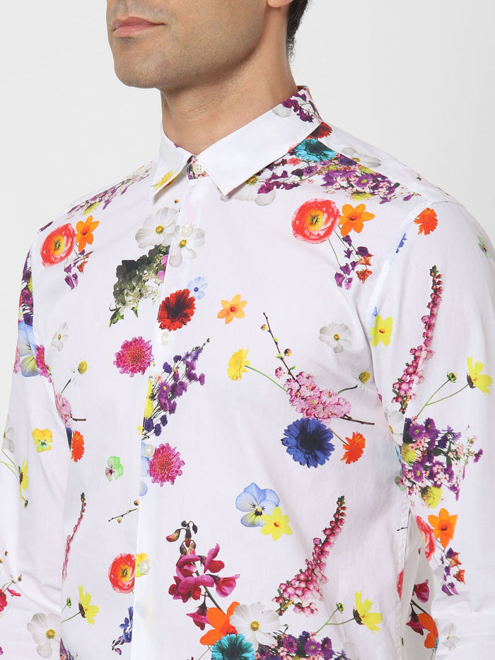 White Floral Print Full Sleeves Shirt