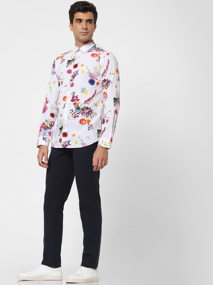 White Floral Print Full Sleeves Shirt