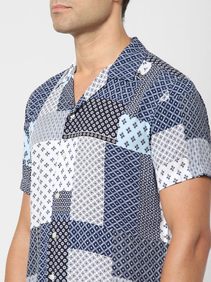 White Multi Patch Short Sleeves Shirt