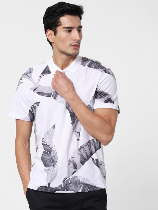 White Printed Polo Neck T-Shirt