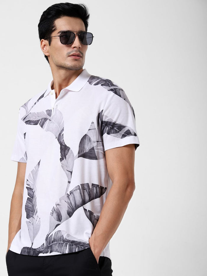 White Printed Polo Neck T-Shirt