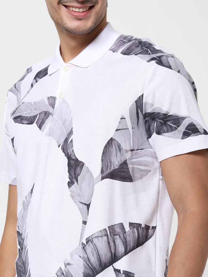 White Printed Polo Neck T-Shirt