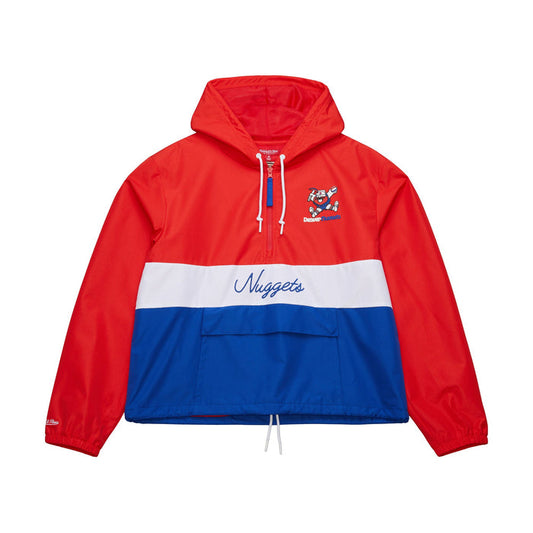 Front View red, white, and blue pullover windbreaker with a hood, featuring "Nuggets" in script on the white center stripe and the "Maxie the Miner" logo on the upper chest.