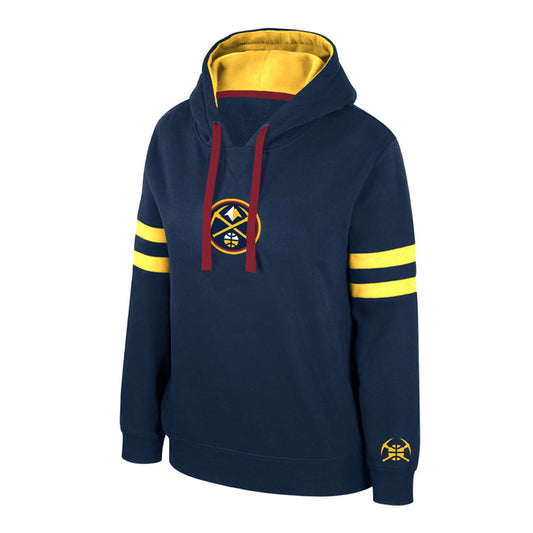 Front left view of a Denver Nuggets pullover hoody in navy blue, featuring Primary logo graphic in middle of chest,, yellow sleeve stripes, and adjustable red drawstrings.  Pickaxe ball logo on the left sleeve just above the wrist cuff.