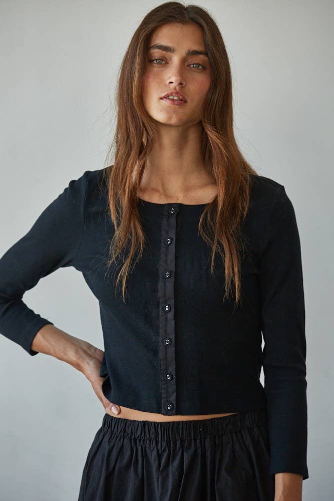 Women's Knit Ribbed 3/4 Sleeve Cardigan - Black