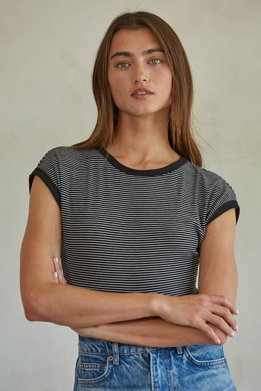 Women's Knit Ribbed Striped Short Sleeve Bodysuit - Black/White