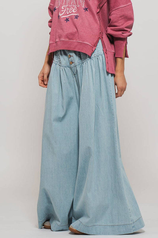 Women's Pleated Wide-Leg Button Closure Pants - Light Denim