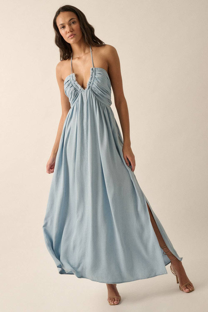 Women's Plunging Halter-Neck Solid Denim Maxi Dress (Final Sale)