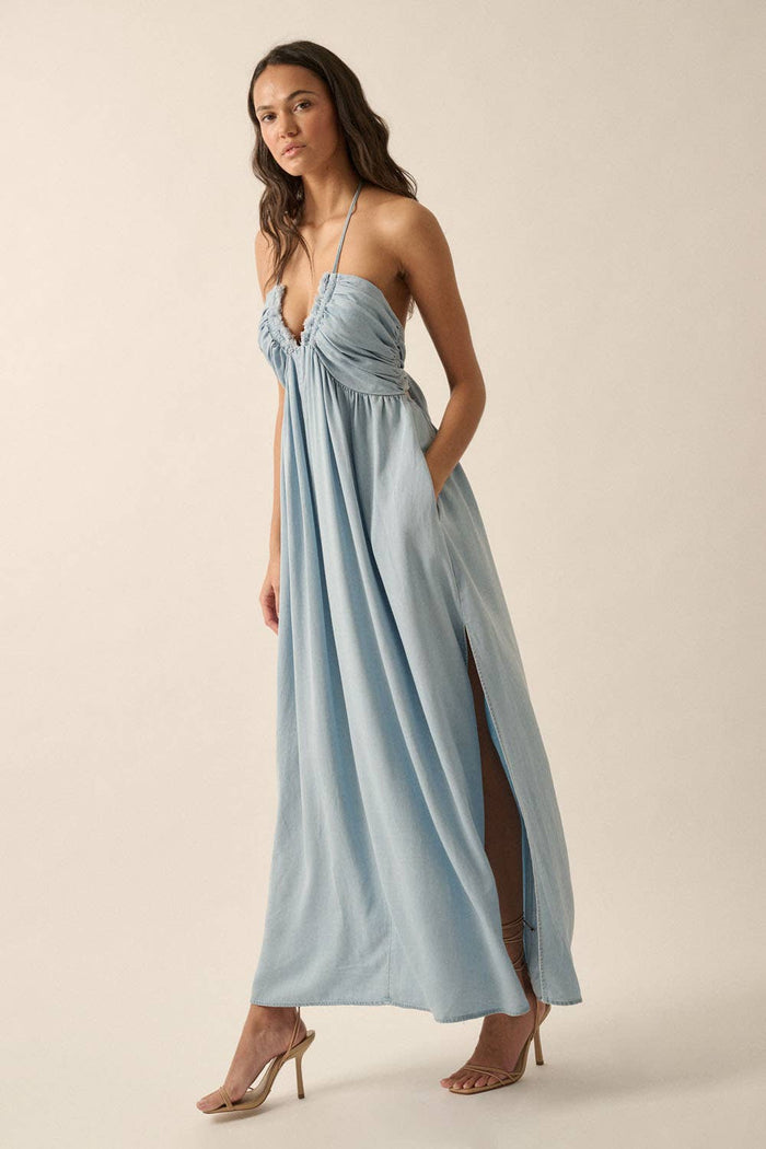 Women's Plunging Halter-Neck Solid Denim Maxi Dress (Final Sale)