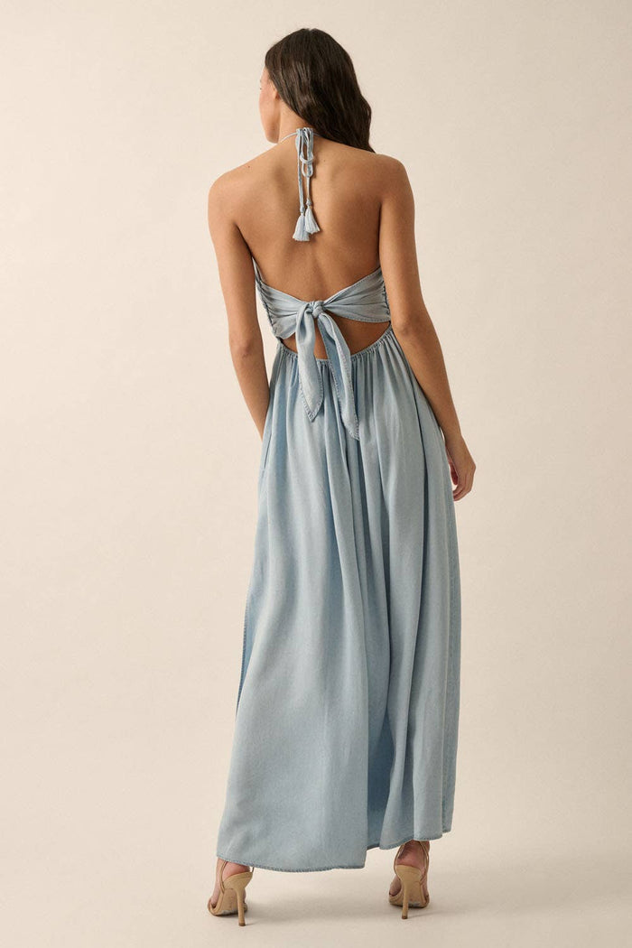 Women's Plunging Halter-Neck Solid Denim Maxi Dress (Final Sale)