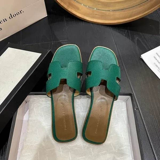 Comfortable Women’s Green Leather Slippers Side View