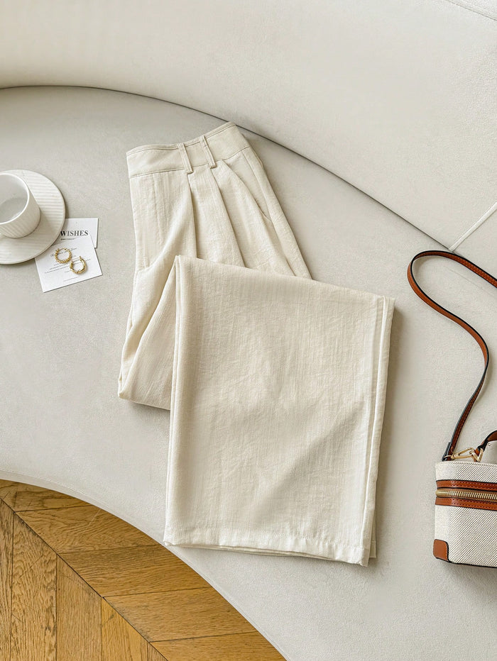 Women's Solid Beige Pleated Straight-Leg Pants