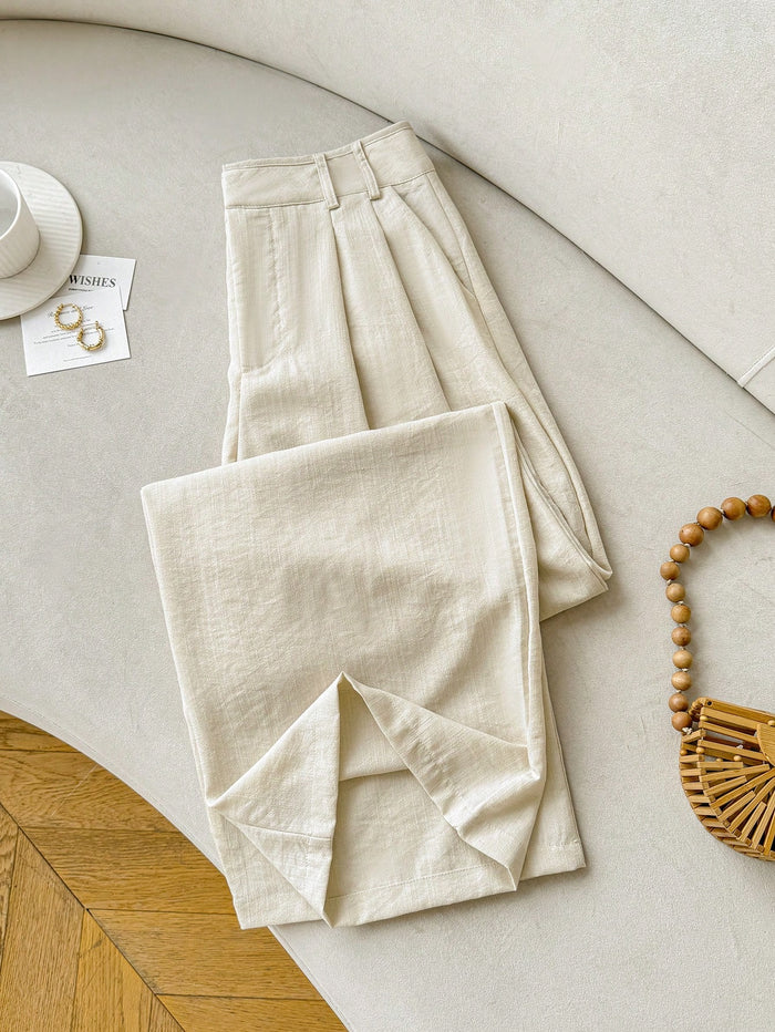 Women's Solid Beige Pleated Straight-Leg Pants