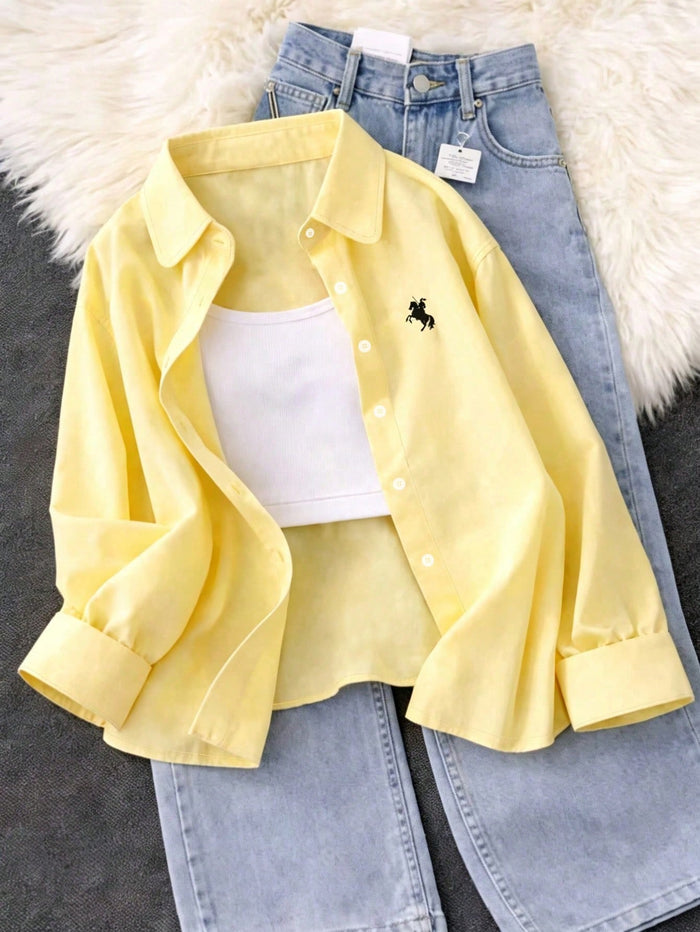 Women's Yellow Knight Horse Print Casual Blouse