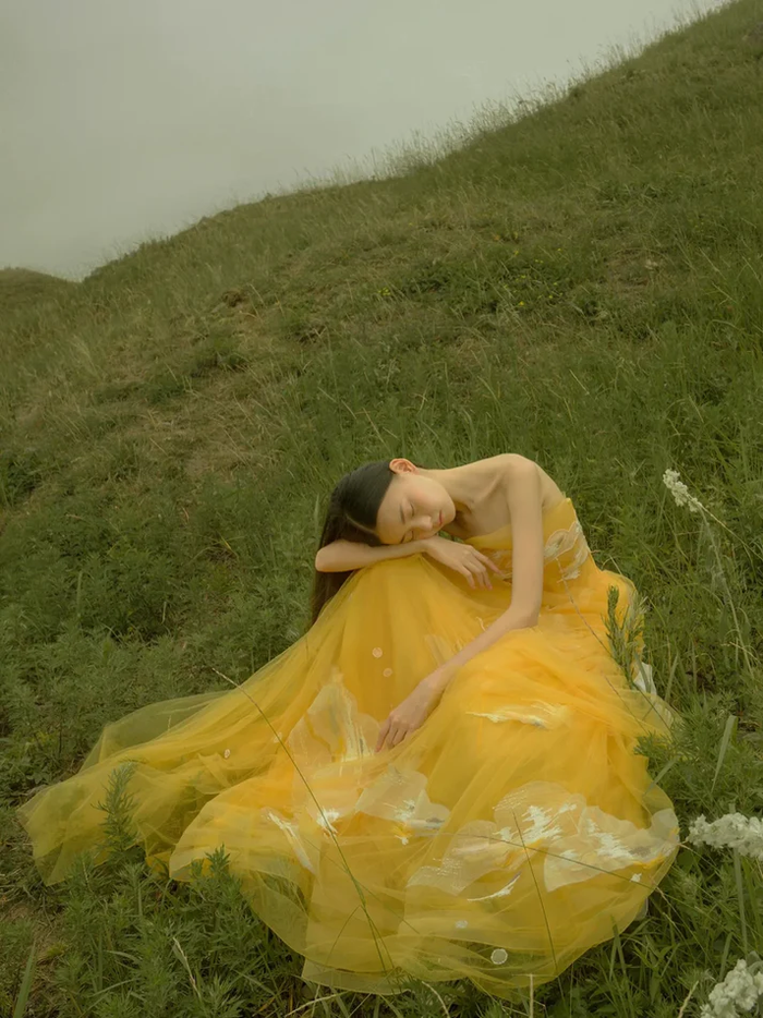 Yellow A Line Strapless White Appliques Tulle Long Prom Dress Party Dress