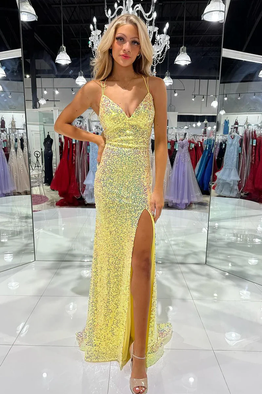 Yellow V Neck Sequins Mermaid Prom Dresses with Slit