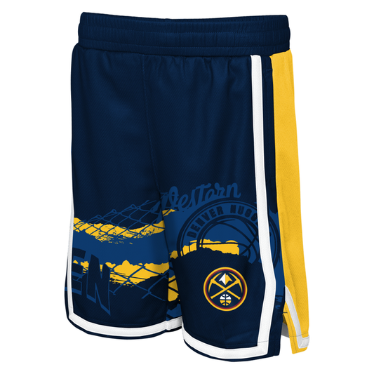 Front view navy blue basketball shorts feature yellow side panels with white trim and a graphic at the bottom leg showcasing the Denver Nuggets team logo in blue, yellow, and white.
