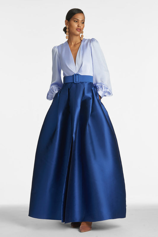 ZOE BLUE SATIN MIKADO V NECK BALL GOWN - FINAL SALE